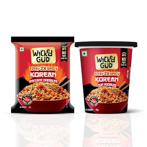 WickedGud Fiery 2X Spicy Korean Noodles | Instant Pack and Cup Combo Pack of 2 | Whole Wheat | No Maida | No Palm Oil | Vegetarian | 67g & 69g - WickedGud Grocery
