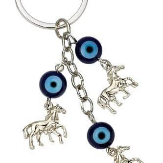 Unyks Star Evil Eye Keychain for Protection & Good Luck | Handmade Blue Glass Nazar Battu Key Ring for Car, Bike, Home & Office | Gift for Men & Women – Three Horse