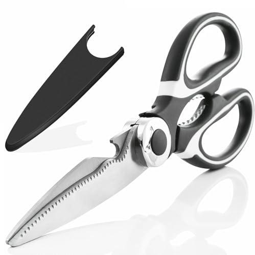 MIXOSA Multi Purpose Made In Japan Kitchen Scissors, Multi-Purpose Stainless Steel Shears with Bottle Opener, Serrated Blades, Nut Cracker BBQ, Bottle Opener (Black)