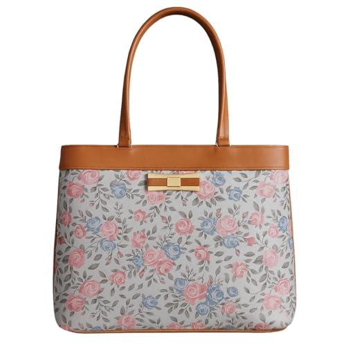 TYPIFY® Elegance Collection Women's Floral Print Tote Handbag, Faux Leather with Brown Trim, Pink and Blue Roses Pattern, Metal Bow Detail | Spacious Shoulder Bag for Office, College & Daily Use |Gift - TYPIFY Shoes