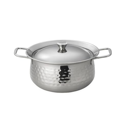 SHREESANMATI Stainless Steel Hammered Casserole with Lid | Deep Handi Cooking Pot with Handles | Induction & Gas Compatible | Curry, Rice & Gravy | Mirror Finish Steel Handi Pot