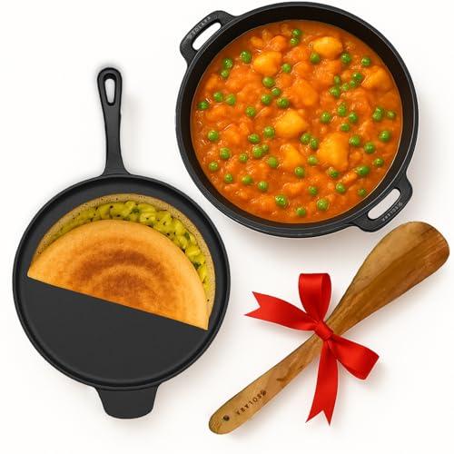 SOLARA Crownstone Premium Pre-Seasoned Cast Iron Cookware Set of 2 with Free Wooden Spatula, Tawa (12" Inch / 30 CM) + Kadhai (10" Inch / 25 CM), Kitchen Cookware Combo of 2Pcs, Naturally Non Stick - SOLARA Kitchen