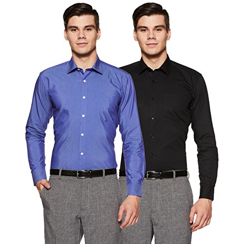 Amazon Brand - Symbol Men's 100% Cotton Regular Fit Formal Shirt (Pack of 2) Black & Royal 39