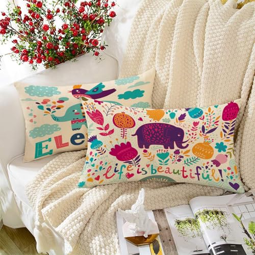 STITCHNEST Set of 2 Cushion Covers – 12×18 Inches – Multicolor Elephant & Jungle Print in Soft Polycotton – Fun & Playful Decor for Kids’ Room, Sofa, or Living Room.