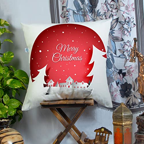 STITCHNEST Merry Christmas Printed Poly Cotton Cushion Cover Pack of 1 (16×16 Inches)