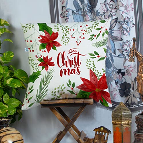 STITCHNEST Merry Christmas Printed Poly Cotton Cushion Cover Pack of 1 (16×16 Inches)
