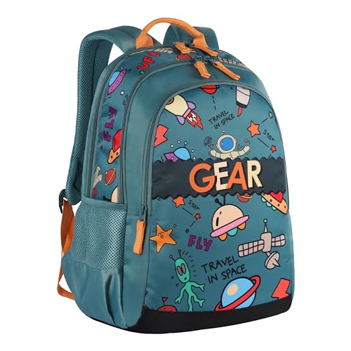 Gear Cartoon Space 15″/19L Small Water Resistant School Bag/Casual 4 Compartment Backpack/Daypack/Travel 4 Compartment Backpack/Kids Bag for Boys/Girls – Green