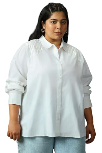 High Star Women Solid Cotton Oversized Fit Collar Long Sleeve Shirts 77