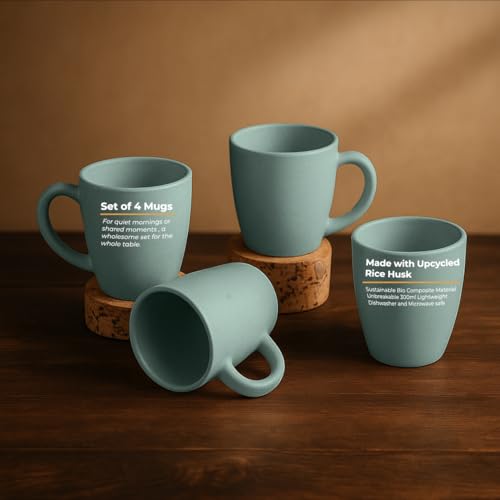 HuskMade Bio Composite Material Vintage Brew Single Mug Tea Cup | Milk-Coffee Mug | Size- 300 ml | Pastel Green, Set of 4