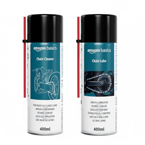 Amazon Basics – Combo of C2 Chain Lube (400 ml) & C1 Chain Clean (400 ml) | Deep-Clean & Lubricant Spray | for All Bikes | Precision Nozzle | High-Pressure Cleaning | Rust & Dirt Protection