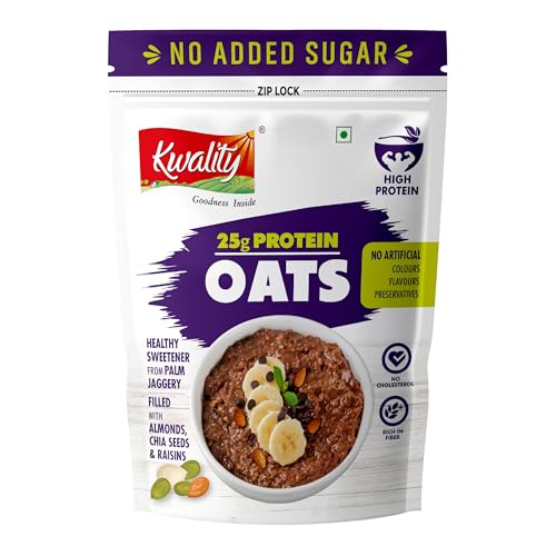 Kwality 25g High Protein Oats 400g | Multigrain Rolled Oats with Whey & Soy Protein | No Refined Sugar | With Almonds, Raisins, Pumpkin & Chia Seeds | High Fiber | Gluten Free | Quick Breakfast for Weight Loss & Fitness