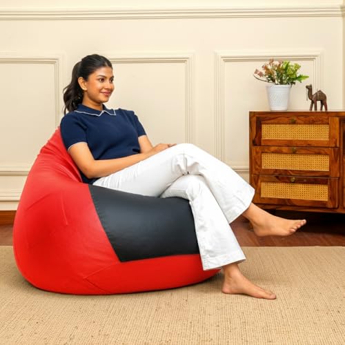 Sattva Classic Dual Color 4XL Bean Bag with Pocket Filled with Beans | Faux Leather Teardrop Bean Bag for Adults & Teens | Pre-Filled Comfortable Seating for Home, Bedroom, Office – Black & Red