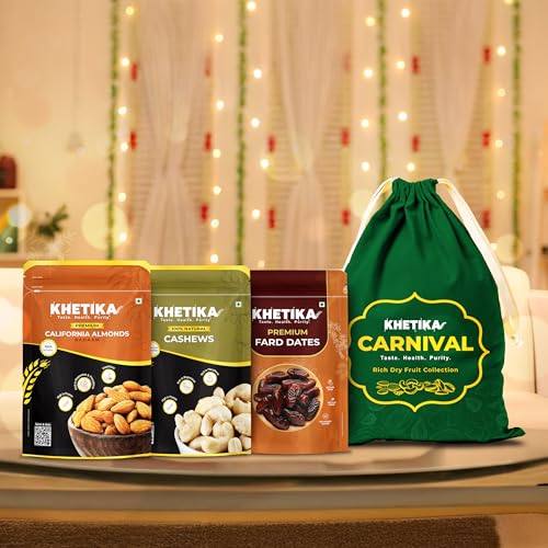 Khetika Carnival Festive Combo, Dry Fruits Gift Potli 800g | Almond. Cashews, & Dates | Premium Dry Fruit Festive Gifting
