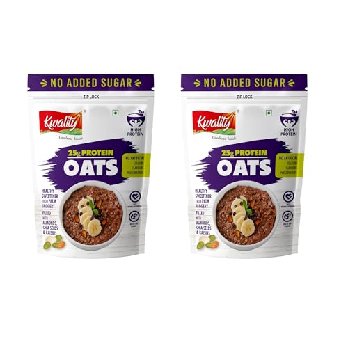 Kwality 25g High Protein Oats 400g Each (Pack Of 2) | Multigrain Rolled Oats with Whey & Soy Protein | No Refined Sugar | With Almonds, Raisins, Pumpkin & Chia Seeds | High Fiber | Gluten Free | Quick Breakfast for Weight Loss & Fitness