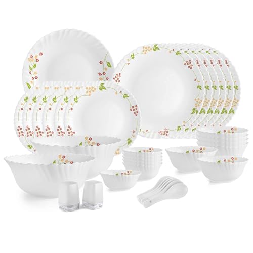 Cello Opalware Dazzle Series Secret Garden Dinner Set 35 Pieces Serving for 6 | Bone Ash-Free | Lightweight, Elegant White Plates & Bowls Set | Opal Glass Crockery Set for Daily Use Dinning & Gifting