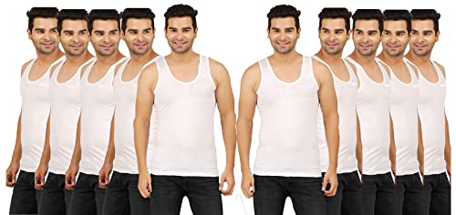 PRAKASAM COTTON Men's Combed Cotton Round Neck Sleeveless White Vest with Extended Length for Easy Tuck (Gold) Pack of 10