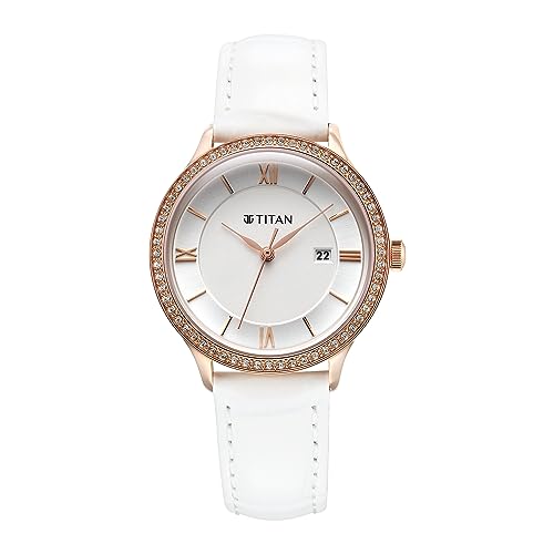 Titan Bright Leathers Silver Dial Analog with Date Leather Strap Watch for Women-NS95247WL05