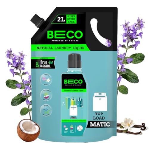 Beco Natural Liquid Detergent Top Load - 2L Refill Pack | Tough Stain Removal | Lavender & Vanilla Freshness | Retains Brightness & Shine | Chemical Free | Top Load Washing Machine Detergent Liquid