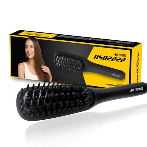 Ant Esports HSB2222 Hair Straightener Brush, Fast Heating Straightening Comb with Anti Scald & On-Off Safe, Portable Travel Flat Iron Brush, Frizz-Free Hair Care Silky Straight Heated - Black