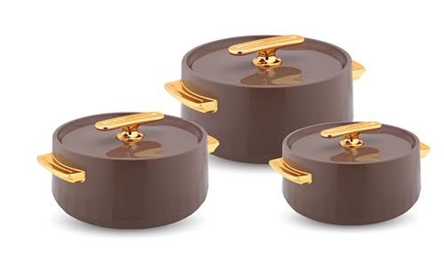 WARMEO Pearl Round Shape Inner Steel Casserole| BPA Free|Advanced P.U. Insulation|Keeps Food hot & Fresh for Long Hours|Chapati, Roti, Biryani and More Set of 3 (1500,2000, 2500ml) Color- Chocolate