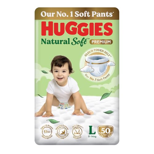 Huggies Natural Soft Premium Baby Diaper Pants, Our No.1 Soft Pants, Large (L) Size (9-14 Kgs), Pack of 50 diapers | Cloud Softness All over with India's 1st Cloud Touch BeltTM