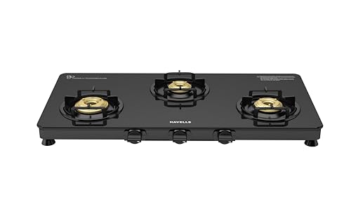 Havells Contour Toughened Glass-Top 3 Brass Burner LPG Gas Stove | Removable Drip Tray | Soft Touch, Ergonomically Designed Knobs | 2 Years Comprehensive Warranty (Black)