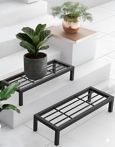 Pivalo Rectangular Plant Stand Anti-Rust Metal Shelf Flower Pot Holder Outdoor & Indoor Planters Gamla Stands for Balcony & Living Room Home Decor (Pack of 2, Black)