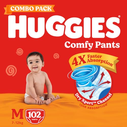 Huggies Comfy Pants Baby Diaper, Medium (M) Size (7-12 Kgs), Pack of 102 (34 Count, Pack of 3)