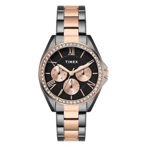 TIMEX Analog Watch for Woman with Black Round Dial & Two Tone Stainless Steel Bracelet Band Water Resistant Women's Wrist Watches - TWEL253SMU03
