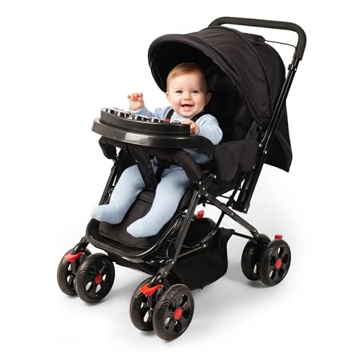 Jammbo Lotus with Music Baby Stroller/Pram for 0 to 3 Years, New Born/Kids, with Safety Belt, Adjustable backrest, 360 Swivel Wheel, Large Storage Basket, Reversible Handlebar Net (Black)