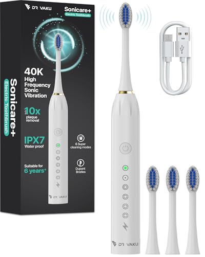 DR VAKU® Sonicare+ Electric Toothbrush for Men Woman Adults sonic with 6 Modes, 4 Brush Heads, 60-Day Battery Backup, Rechargeable & IPX7 Waterproof Automatic Power Best Electrical Tooth Brush- White