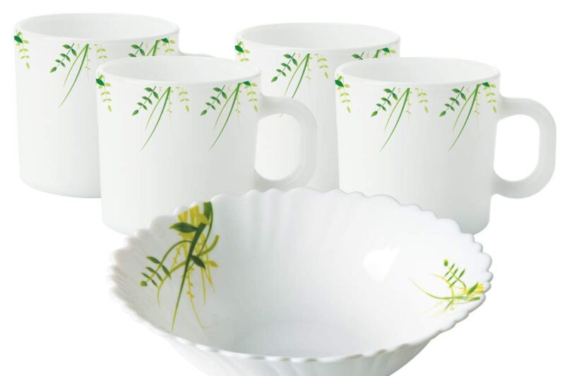 Larah by BOROSIL Hub Opalware Snacks Set (White, Green) – 5-Pieces