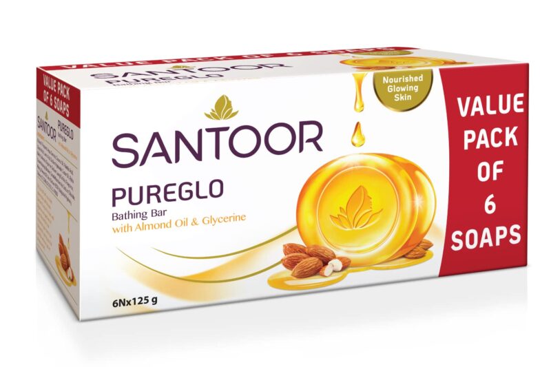 Santoor PureGlo Glycerine Soap with Almond Oil and Glycerine, 125g (Pack of 6) for Nourished Glowing Skin