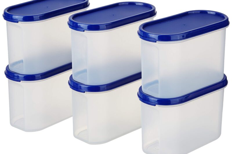 Amazon Brand – Solimo Modular Plastic Storage Container With Airtight Lid | BPA-Free Plastic | Microwave Safe | Dishwasher Safe | 1.2 Litres | Set of 6 (Blue)