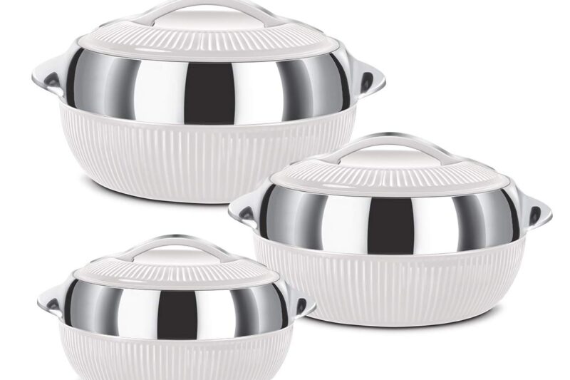 MILTON Fiesta Jr. Casserole Set of 3 (450ml, 830ml, 1370ml) | Inner Stainless Steel | BPA-Free, Food Grade | Keeps Food Hot & Cold | Dishwasher Safe | White | Ideal for Serving