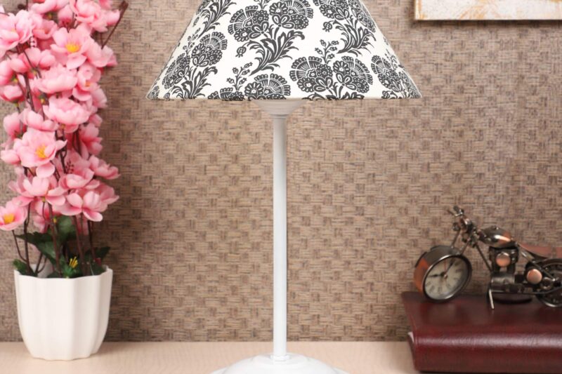 tu casa Decorative Table Lamp for Bedroom & Living Room | White Metal Base with Black & White Filigree Cotton Shade | Modern Bedside Night Lamp for Home Décor, Study, Dining & Festive Gifting