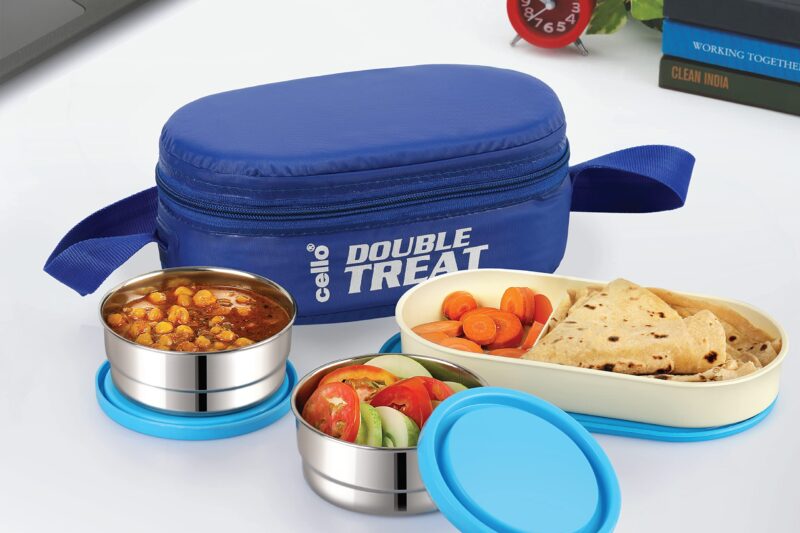 CELLO Double Treat Set of 3 Pcs Lunch Box with Jacket For Daily Use, Blue | 2 x 300ml Stainless Steel Containers, 1 x Oval Container |Lightweight Leakproof Airtight Tiffin Box Case For Office & Travel