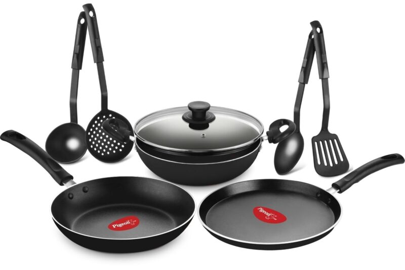 Pigeon Mio Nonstick Aluminum Cookware Gift Set, Includes Flat Tawa, Fry Pan, Kadai with Glass Lid, Kitchen Tool Set, Black, 8 Pieces