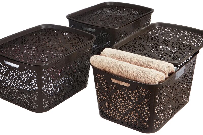 Amazon Brand – Solimo Royal Multipurpose Storage Basket With Lid- Large (Set Of 3, Brown) – Fabric, Rectangular
