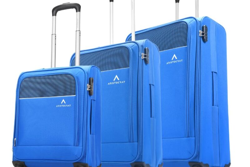 Aristocrat Oasis Plus Set of 3 Cabin, Medium & Large Size Soft Luggage (59 cm, 69 cm & 79 cm) | Spacious Polyester Trolley with 4 Spinner Wheels and Combination Lock | Dazzling Blue | Unisex