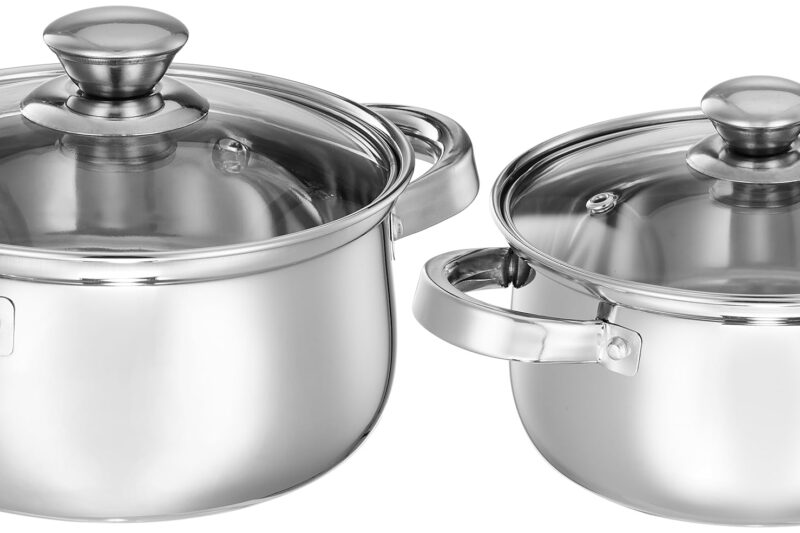 Buy Amazon Brand – Solimo Set of 2 Stainless Steel Cook and Serve Set | Glass Lid | Dishwasher-Safe, 2L 700 ml|Induction and Gas Stove Compatible Online at Low Prices in India – Amazon.in
