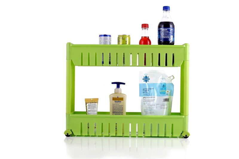 ATTRO Slim Rack 2 Layer Free Standing Tiered Shelf Made with Heavy Plastic Material Lightweight, Foldable and Portable Simple Assembly Comes with Movable Wheels -Green