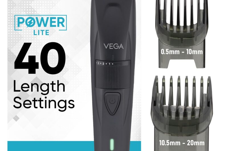 Vega Trimmer Men Beard with 90 Mins Runtime, Stainless Steel Blades & 40 Length Settings, 2 Comb Attachment, Trimmers for Man, USB Type C, Charging Indicator, Travel Lock, Black, (Power Lite, VHTH-38)