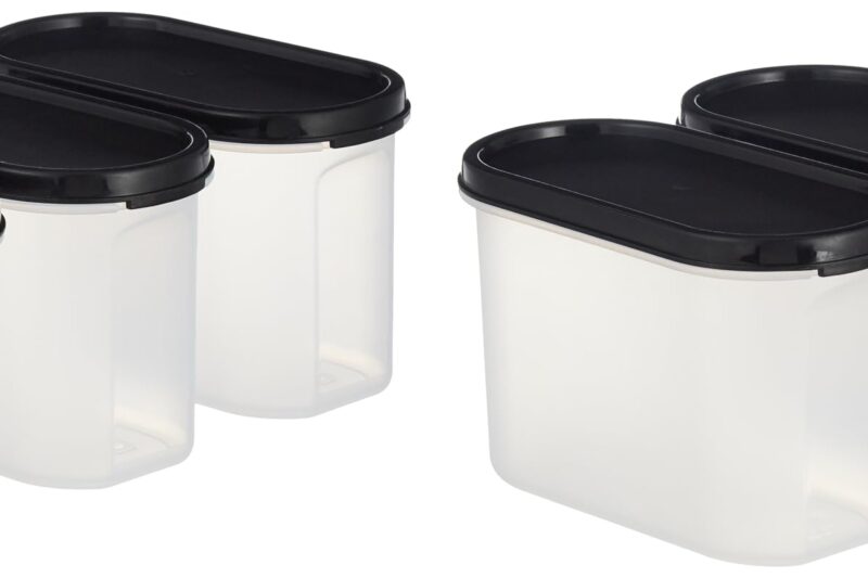 Amazon Brand – Solimo Antimicrobial Modular Plastic Storage Containers with Lid (1200 ml Each) | Stackable | BPA-Free | Microwave Safe | Multipurpose Use for Snacks, Spices, & More (Set of 6) (Black)