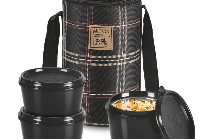 MILTON Lofty Lunch Box with Insulated Fabric Bag, Microwave Safe & Leak Proof, 3 Inner Steel Containers with BPA Free Lids (1 x 320 ml, 2 x 450 ml Each) for Office, School, College – Black