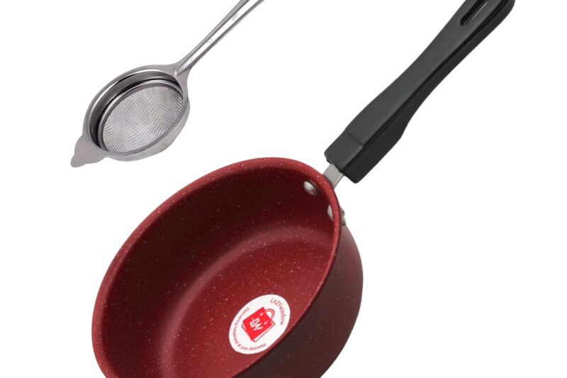 LAZYwindow Nonstick Baby Sauce Pan/Frying Pan 17cm Dia & Tea Stainer, (Base Colour Maroon) Pack of 1