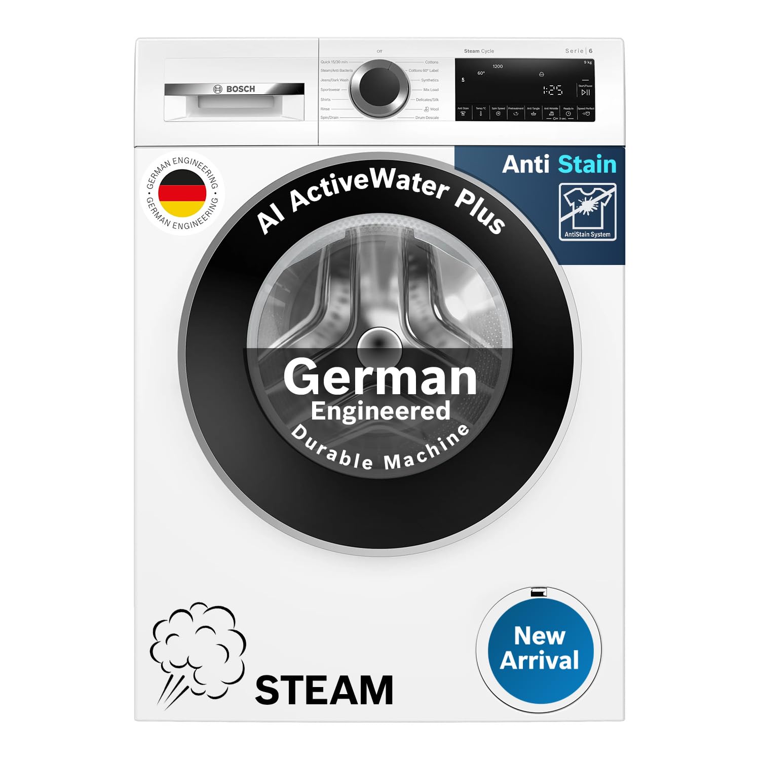 B0D41L64NR Bosch 9kg 5 Star Anti Stain & AI Active Water+ Fully Automatic Front Load Washing Machine (WGA14200IN, Pretreatment & Steam with Anti Bacteria, In-built Heater, White)