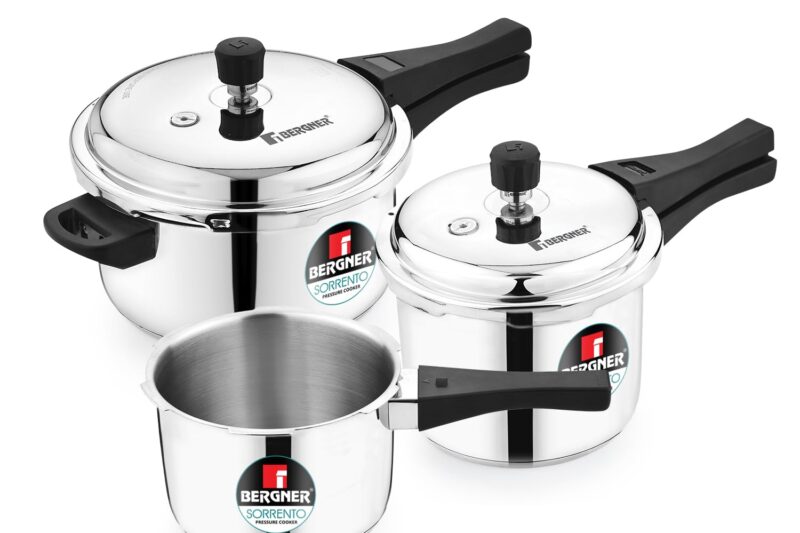 Buy Bergner Sorrento Stainless Steel Outer Lid Pressure Cooker Set of 5L Cooker, 2L and 3L Cooker with Common Lid, Triply Base, Heavy Bottom, Easy Open and Close, Healthy Cooking – Induction Bottom Online at Low Prices in India – Amazon.in