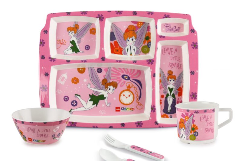 Cello Kidzbee Pentameal Tinker Bell Melamine Meal Set for Kids, Set of 5, Light Pink | BPA Free and Food-Grade Material | Attractive and Kidfriendly Designs | Break Resistant & Durable Set