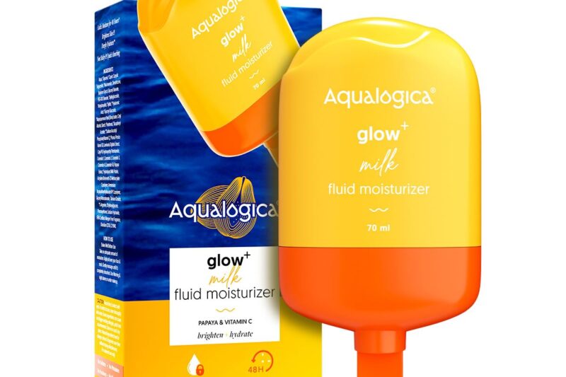 Aqualogica Glow+ Milk Fluid Moisturizer with Papaya & Vitamin C | Lightweight Milk-Like Texture | Brightens Skin | 48-H Deep Moisturization I For Normal To Combination Skin | Non Sticky, Quick Absorbing & Hydrating | 70 ml